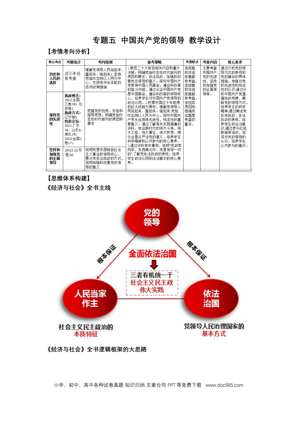 高考政治专题五 中国共产党的领导（教学设计）-2023年高考政治二轮复习讲练测（新高考专用）.docx