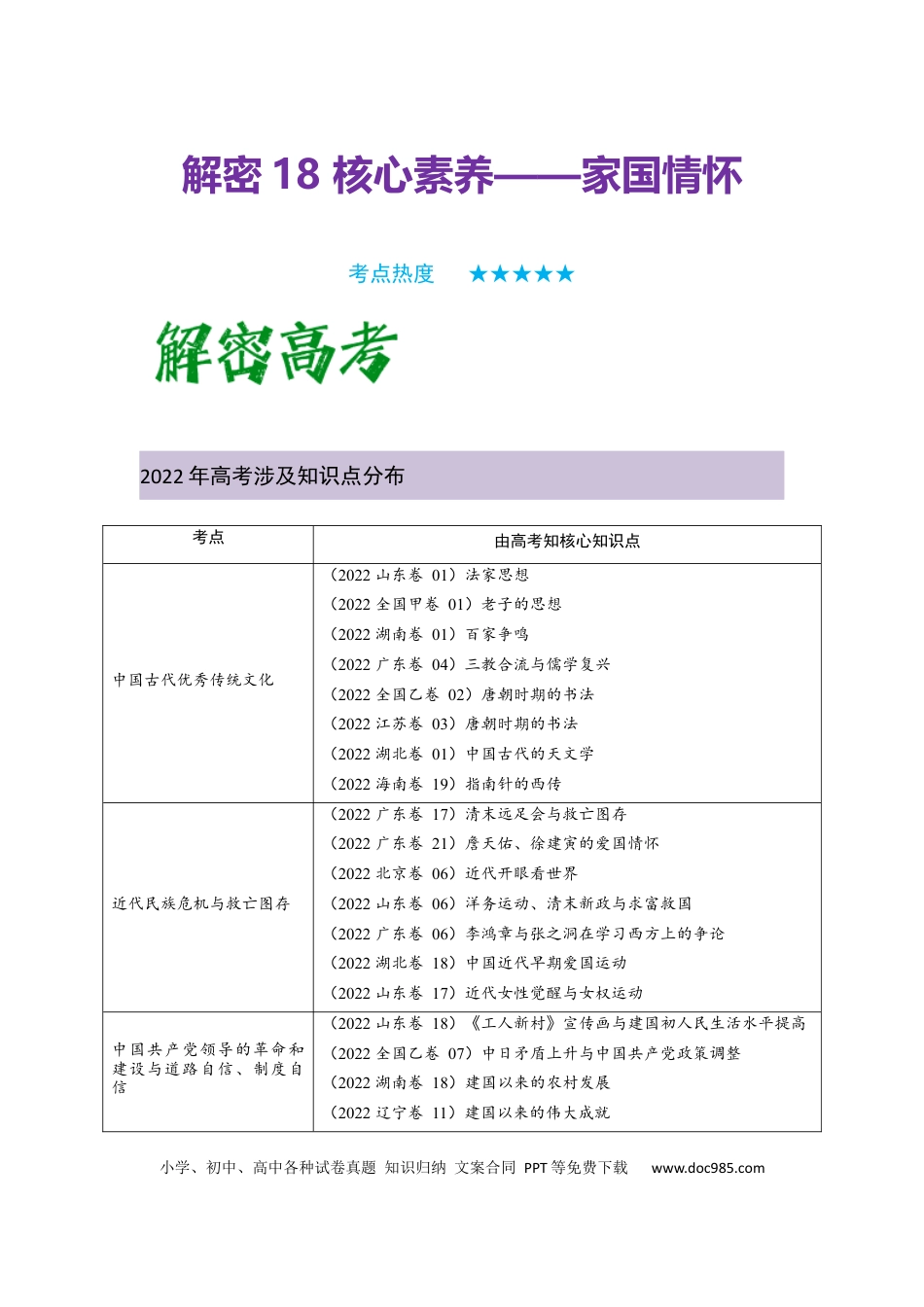 高考历史 解密18  核心素养——家国情怀（复习讲义）-【高频考点解密】2023年高考历史二轮复习讲义+分层训练 .docx