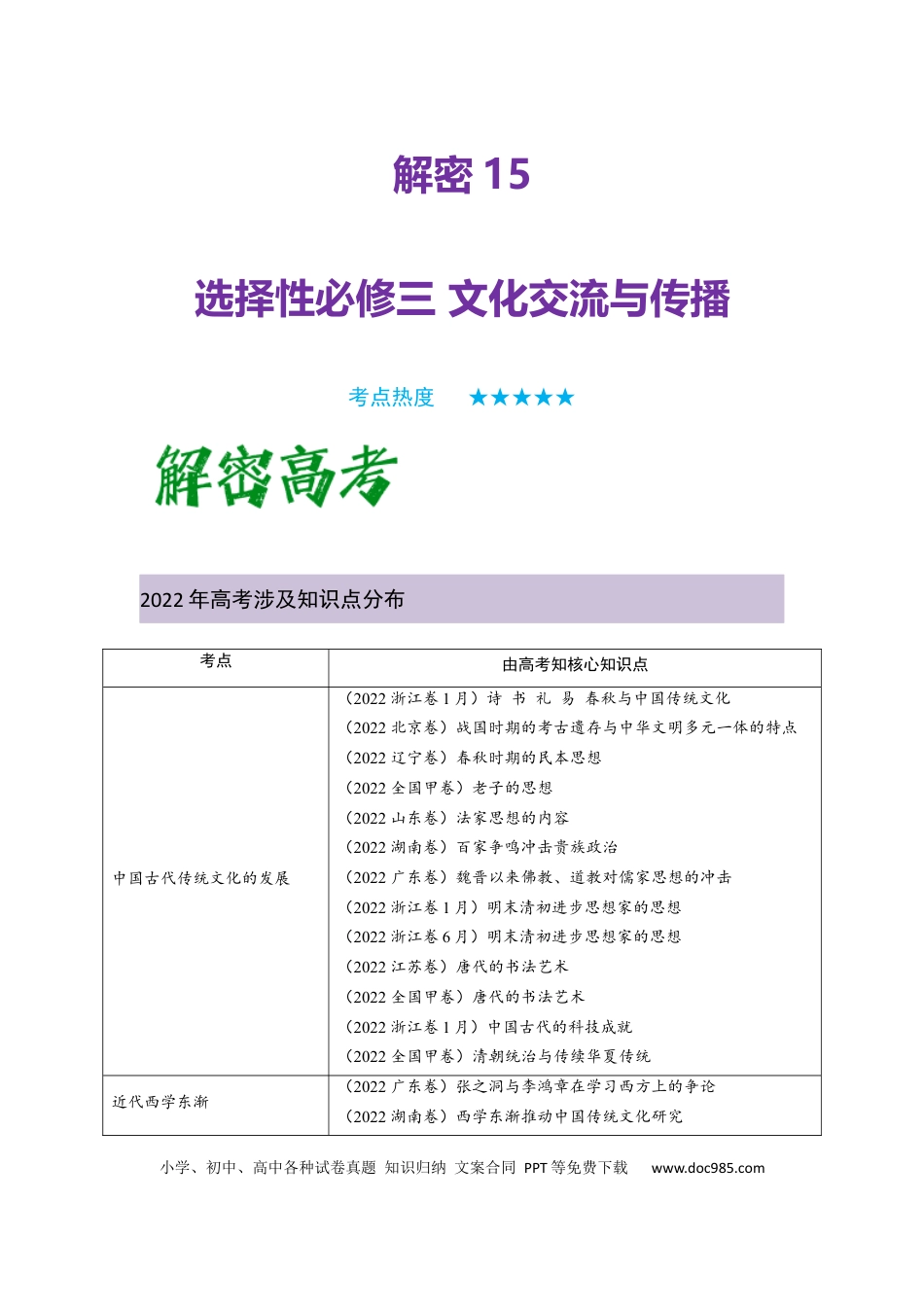 高考历史 解密15++选择性必修三：文化交流与传播（复习讲义）-【高频考点解密】2023年高考历史二轮复习讲义+分层训练 .docx