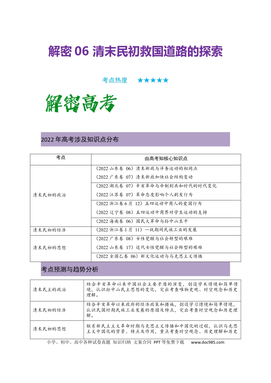 高考历史 解密06 清末民初救国道路的探索（复习讲义）-【高频考点解密】2023年高考历史二轮复习讲义+分层训练 .docx