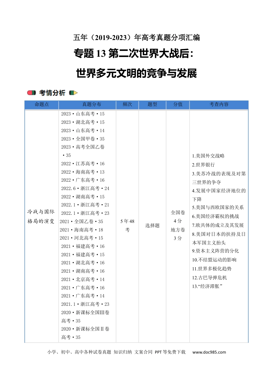 高考历史 专题13 第二次世界大战后：世界多元文明的竞争与发展（原卷版）.docx