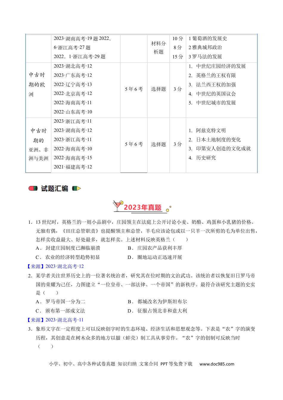 高考历史 专题08 古代文明的产生、发展与中古时期的世界（原卷版）.docx