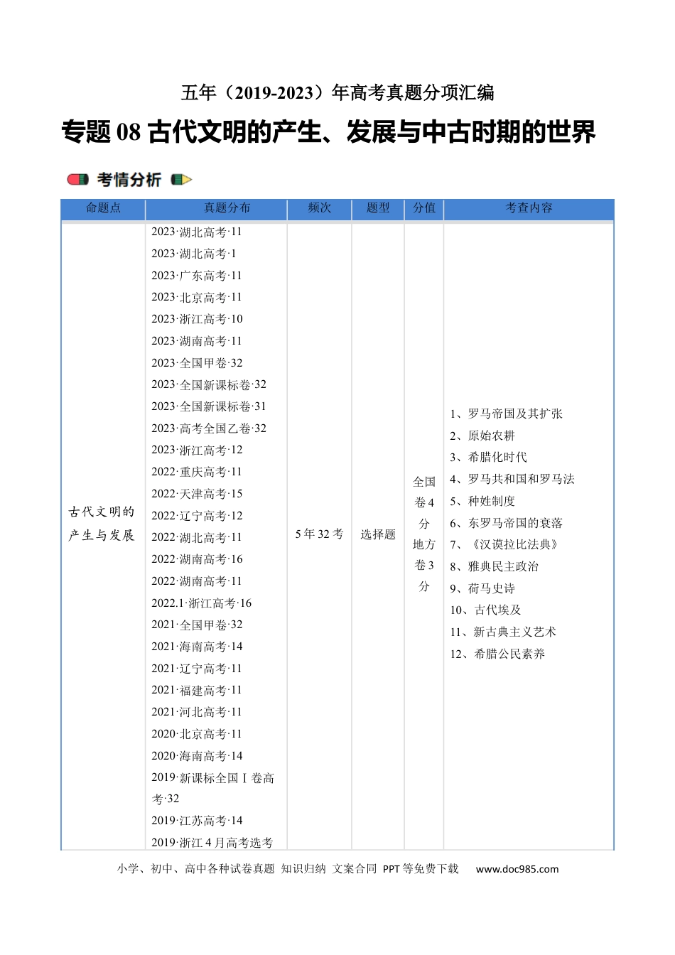 高考历史 专题08 古代文明的产生、发展与中古时期的世界（解析版）.docx