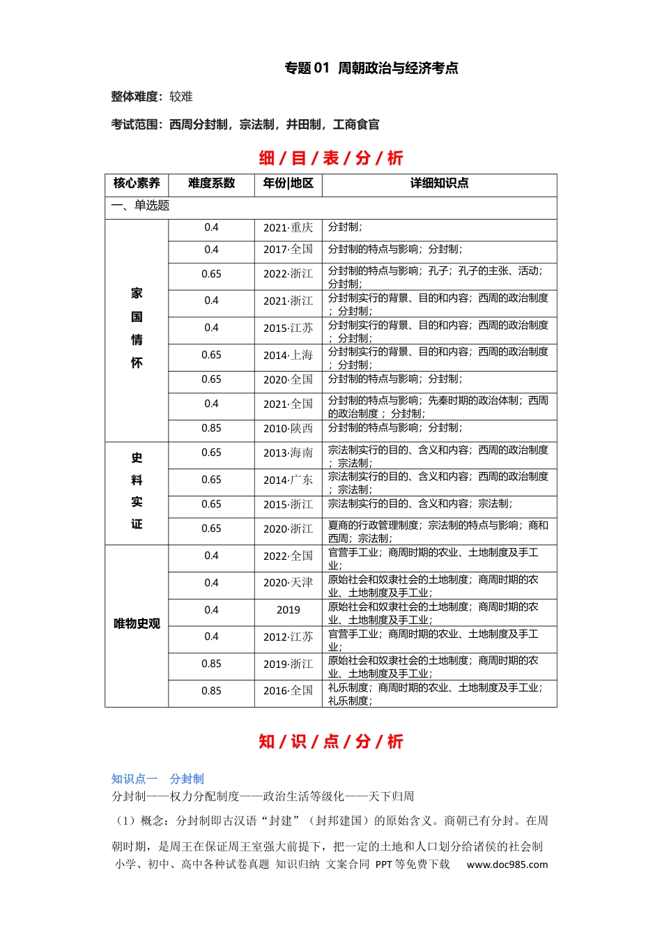 高考历史 专题01 周朝政治与经济 - 2023年高考历史二轮复习高频考点追踪分析与预测（全国通用）.docx