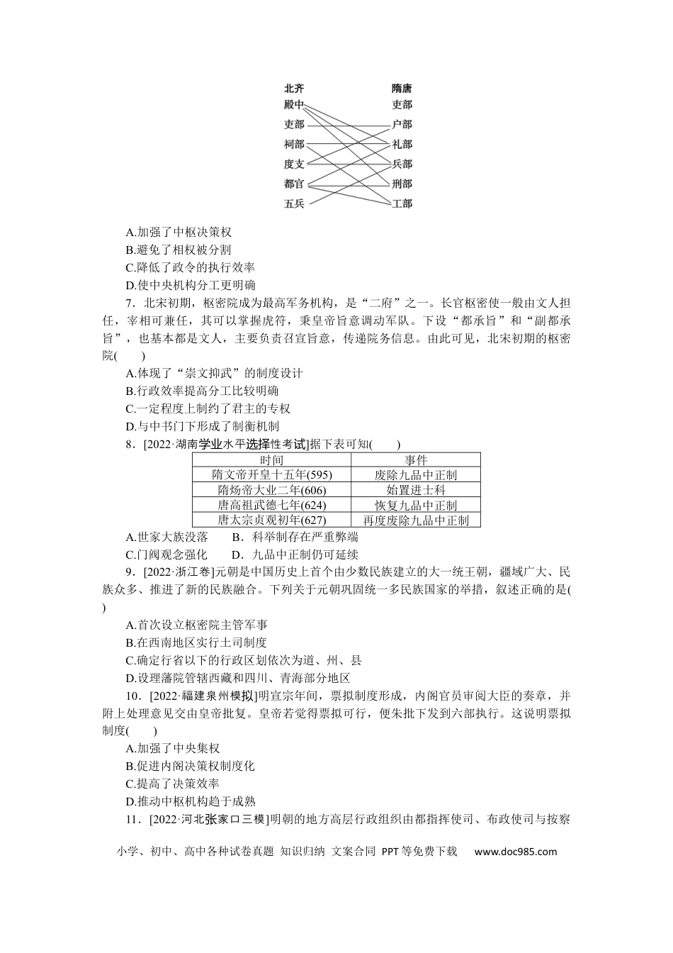 高考历史 专题小练一　古代中国的政治制度.docx