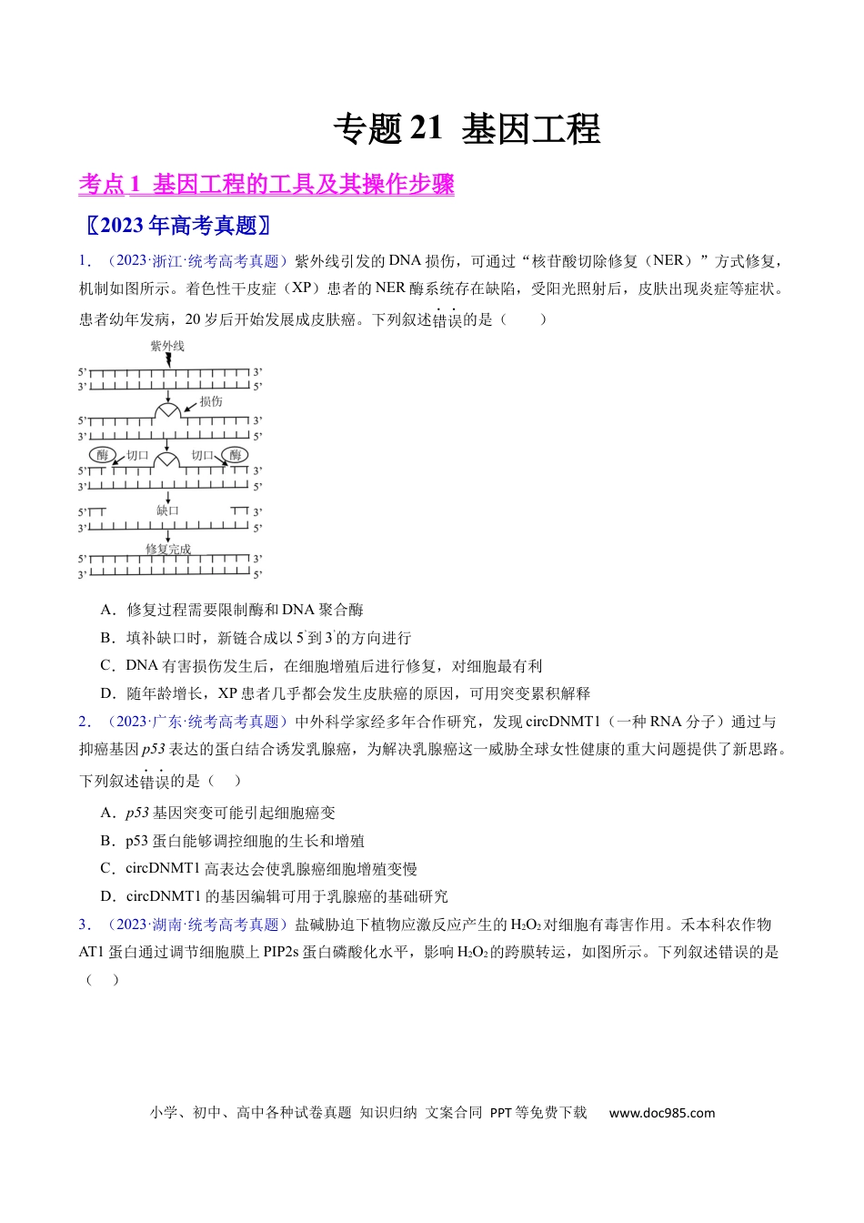 高考生物专题21 基因工程-学易金卷：五年（2019-2023）高考生物真题分项汇编（全国通用）（原卷版）.docx