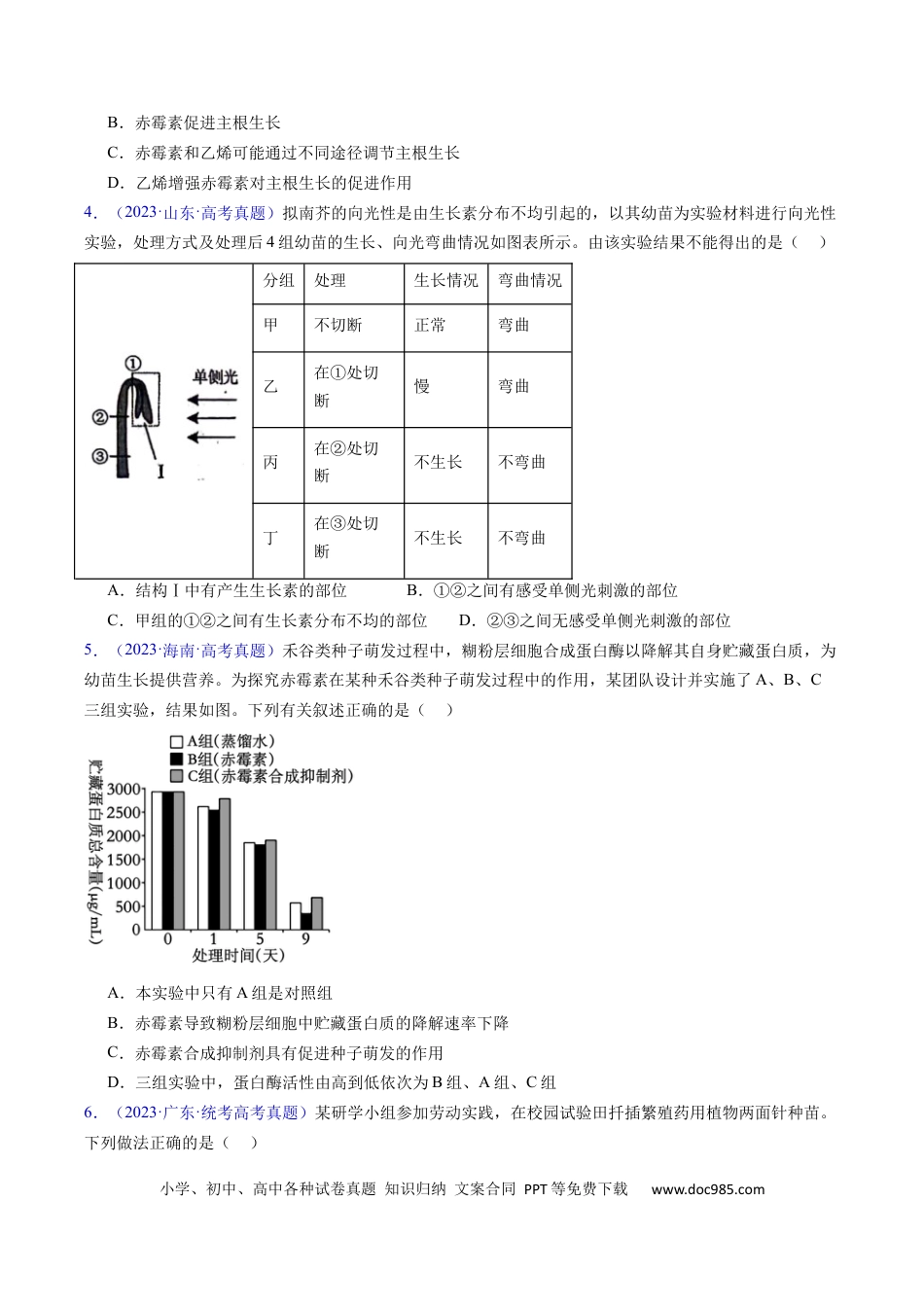 高考生物专题17 植物激素的调节- 学易金卷：五年（2019-2023）高考生物真题分项汇编（全国通用）（原卷版）.docx