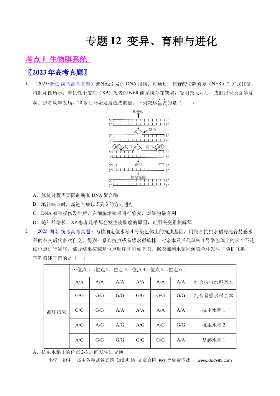 高考生物专题12  变异、育种与进化-学易金卷：五年（2019-2023）高考生物真题分项汇编（全国通用）（原卷版）.docx