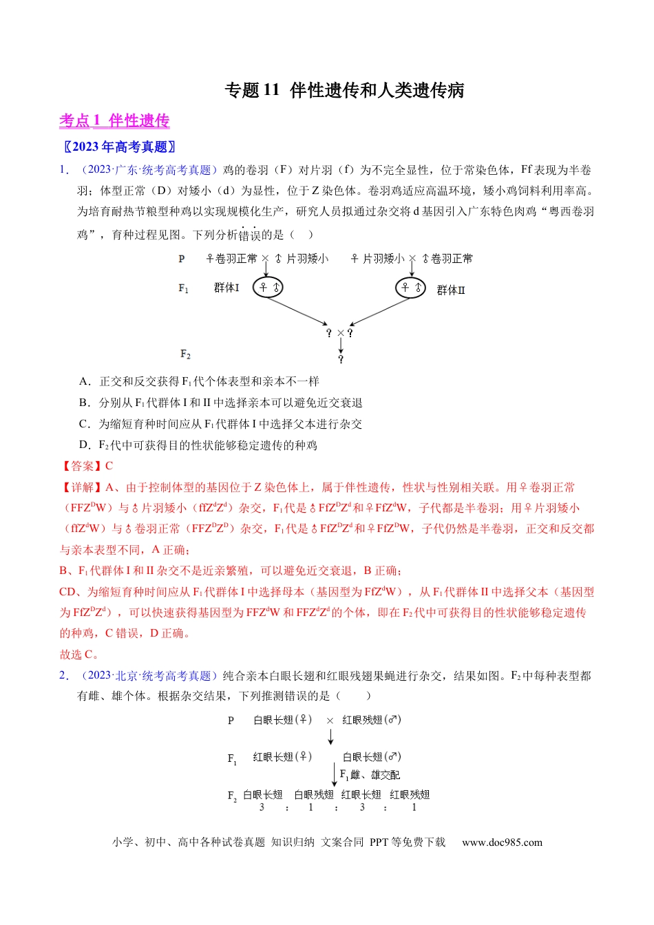 高考生物专题11  伴性遗传和人类遗传病- 学易金卷：五年（2019-2023）高考生物真题分项汇编（全国通用）（解析版）.docx