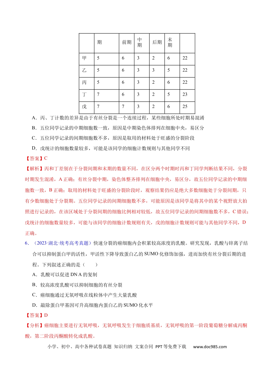 高考生物专题06 有丝分裂和减数分裂-学易金卷：五年（2019-2023）高考生物真题分项汇编（全国通用）（解析版）.docx