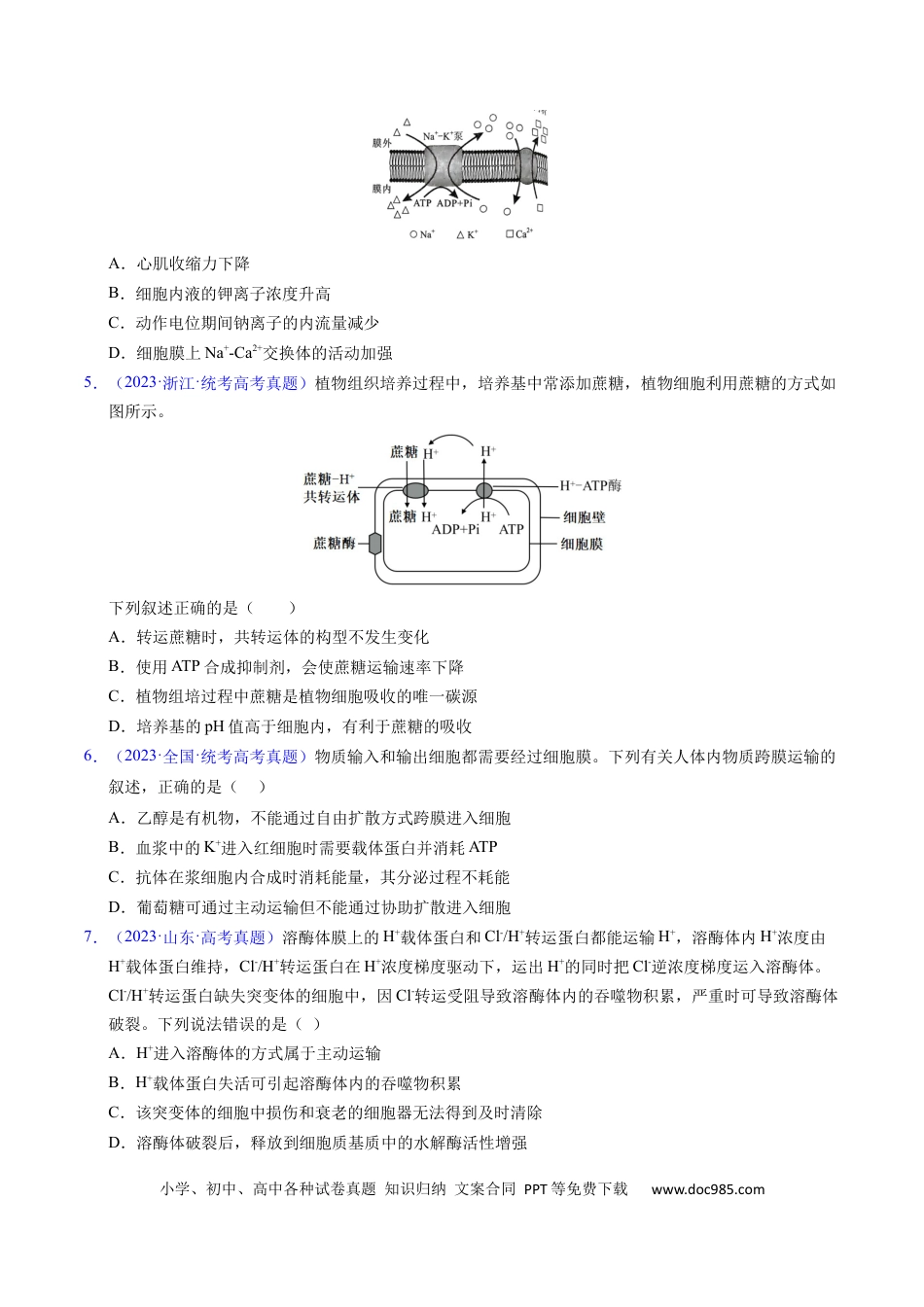 高考生物专题03 物质运输 -学易金卷：五年（2019-2023）高考生物真题分项汇编（全国通用）（原卷版）.docx