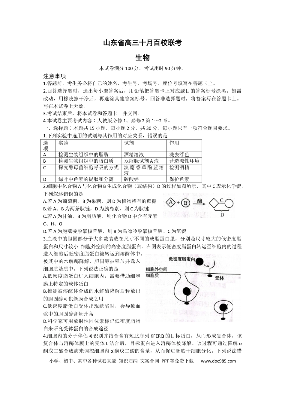 高考生物山东省2022-2023学年高三10月百校联考生物试题.docx