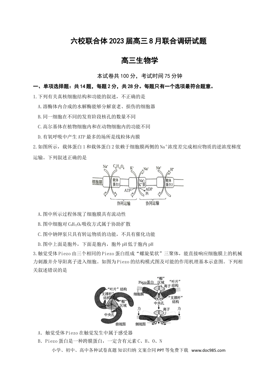 高考生物江苏省南京市六校联合体2022-2023学年高三8月联合调研考试+生物+Word版含答案.doc