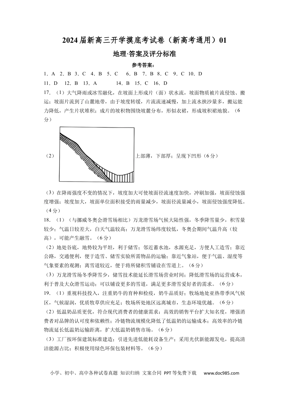 地理-2024届新高三开学摸底考试卷（新高考通用）01（答案及评分标准）.docx