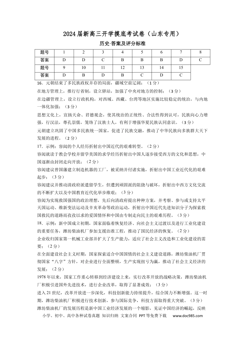 历史-2024届新高三开学摸底考试卷（山东专用）（答案及评分标准）.docx