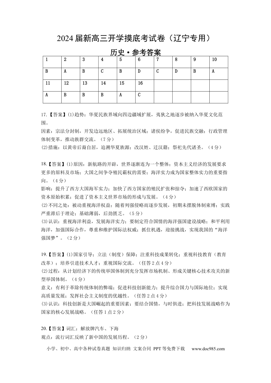 历史-2024届新高三开学摸底考试卷（辽宁专用）（参考答案）.docx