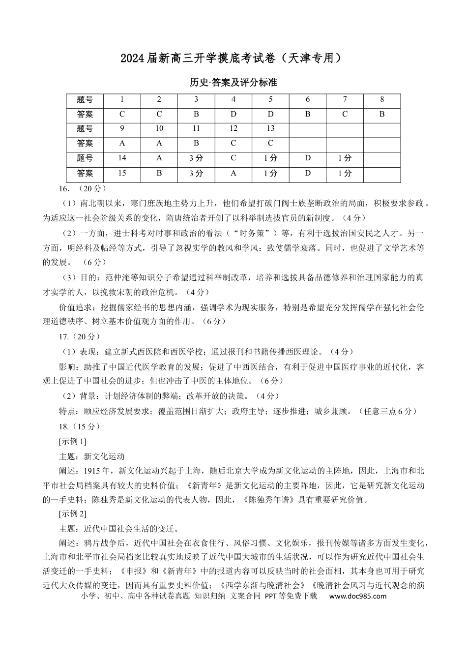 历史-2024届新高三开学摸底考试卷（天津专用）（答案及评分标准）.docx
