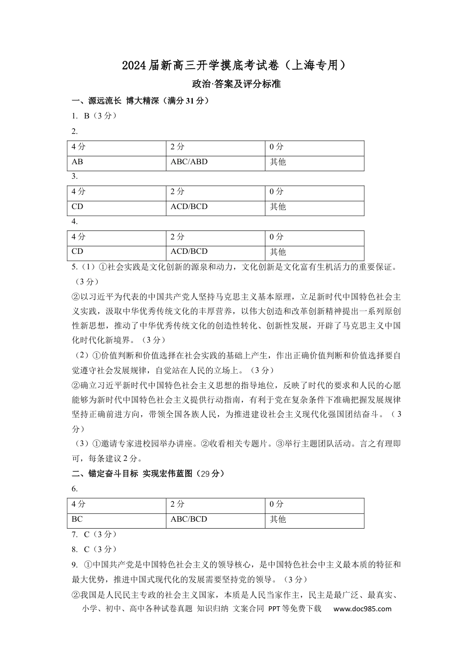 政治-2024届新高三开学摸底考试卷（上海专用）（答案及评分标准）.docx