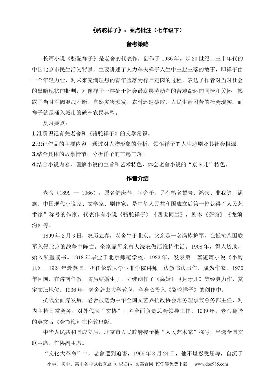 初中语文名著阅读考点演练 学案（试卷）—《骆驼祥子》：圈点批注（七年级下） 原卷版.docx