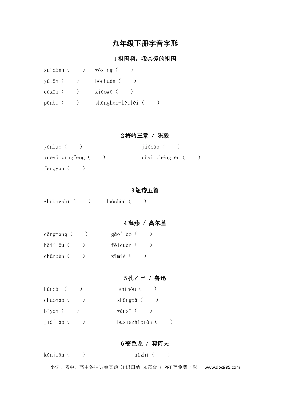 初中语文字音字形练习：九年级下册.docx