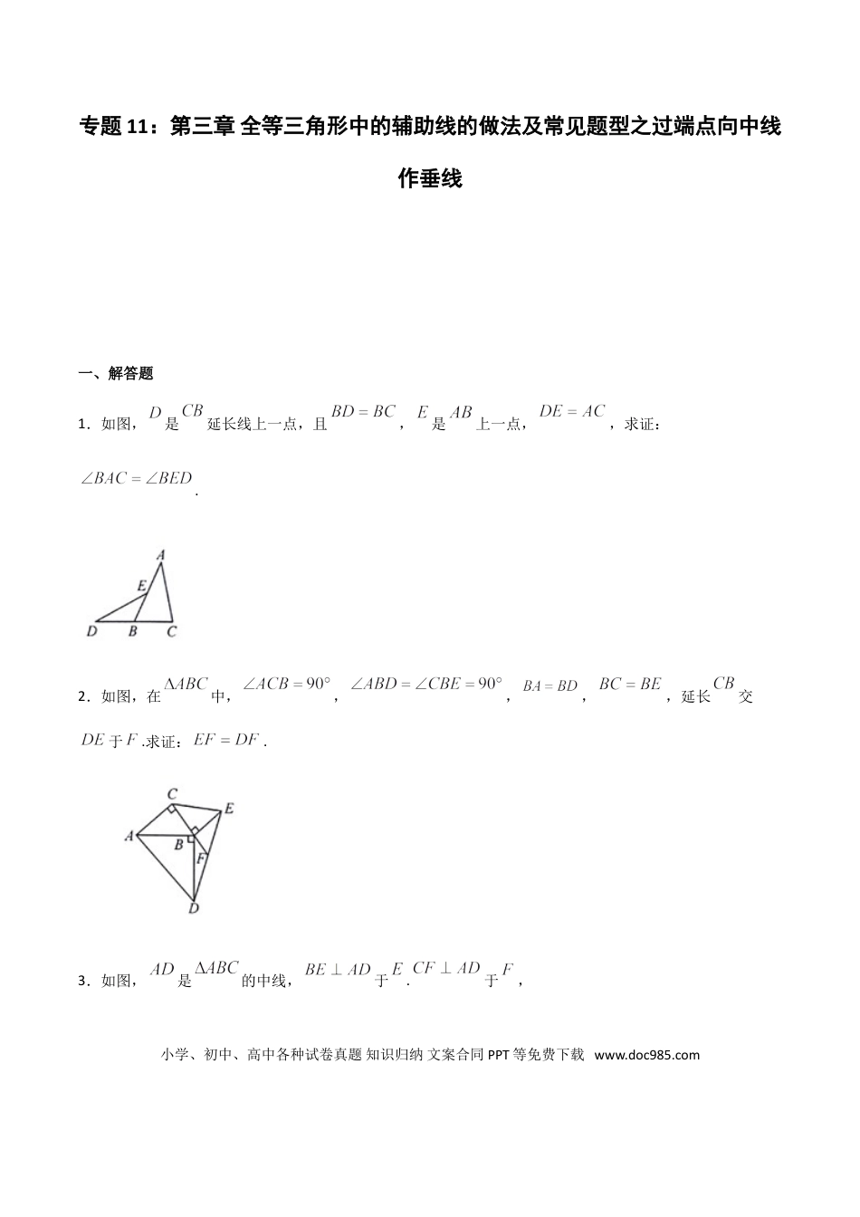 初中数学专题11：全等三角线中的辅助线做法及常见题型之过端点向中线做垂线- 中考数学解题方法系统训练（全国通用）.doc