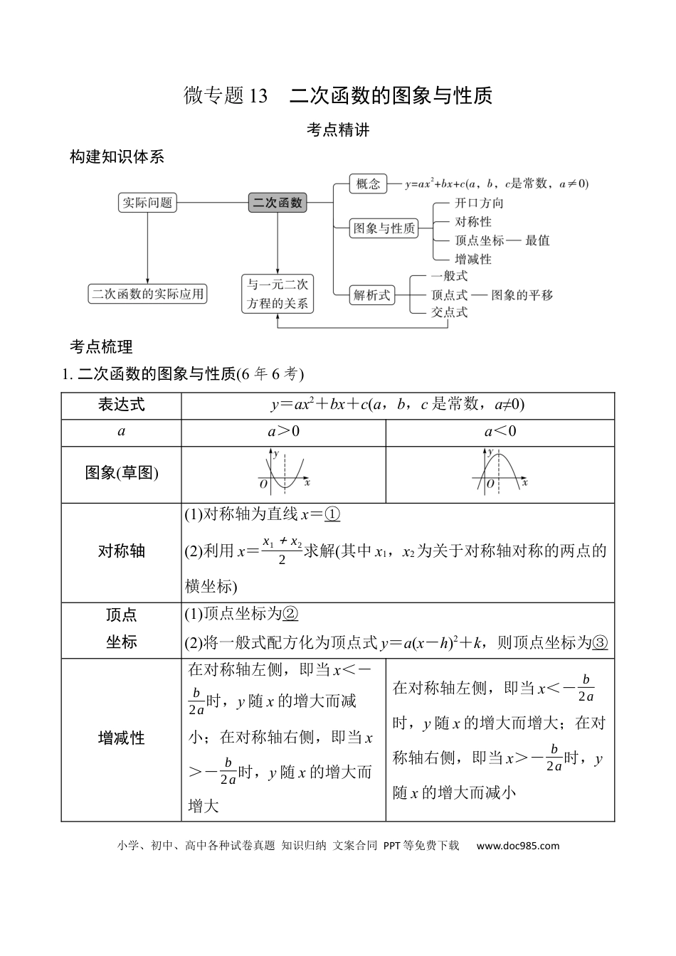 初中数学初中数学49个微专题考点讲练13  二次函数的图象与性质.docx