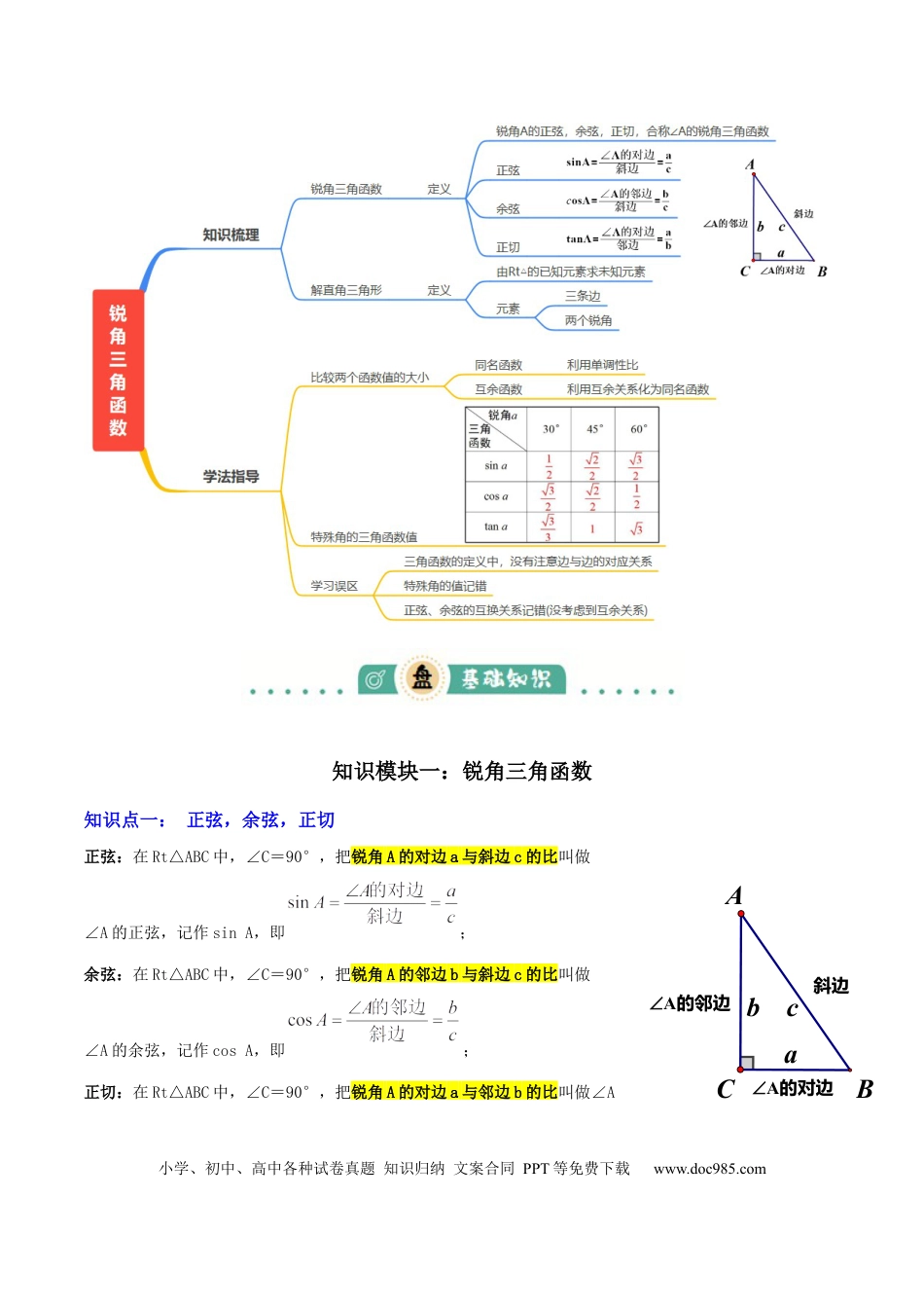 初中数学专题11 锐角三角函数（3大模块知识梳理+9个考点+4个重难点+2个易错点）（解析版）.docx