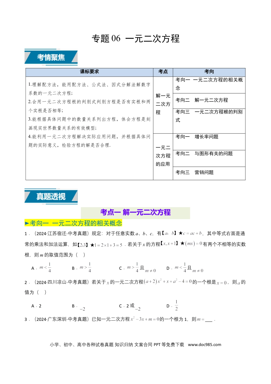初中数学专题06 一元二次方程（原卷版）.docx