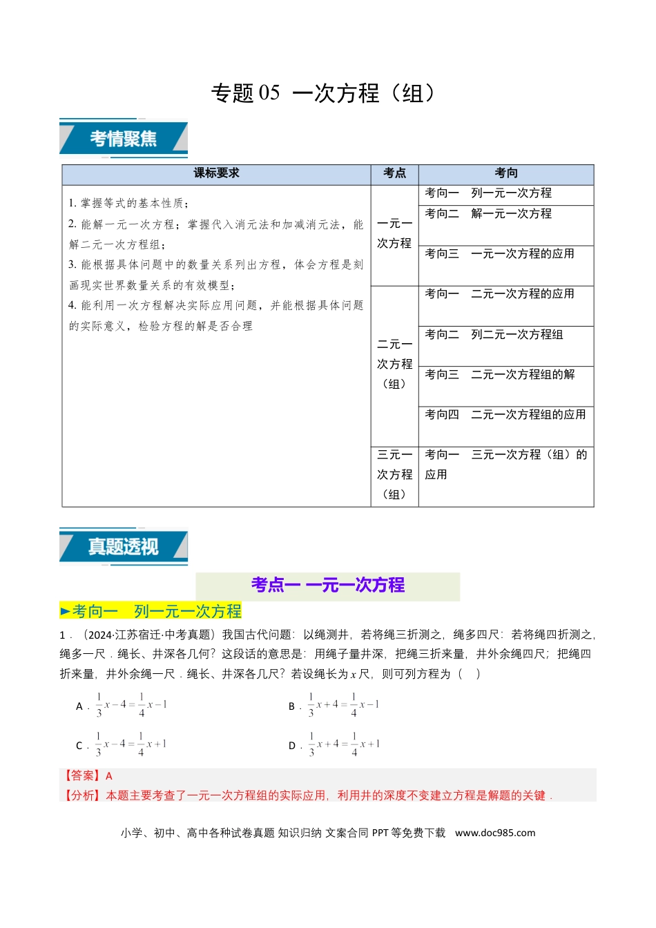 初中数学专题05 一次方程（组）（解析版）.docx