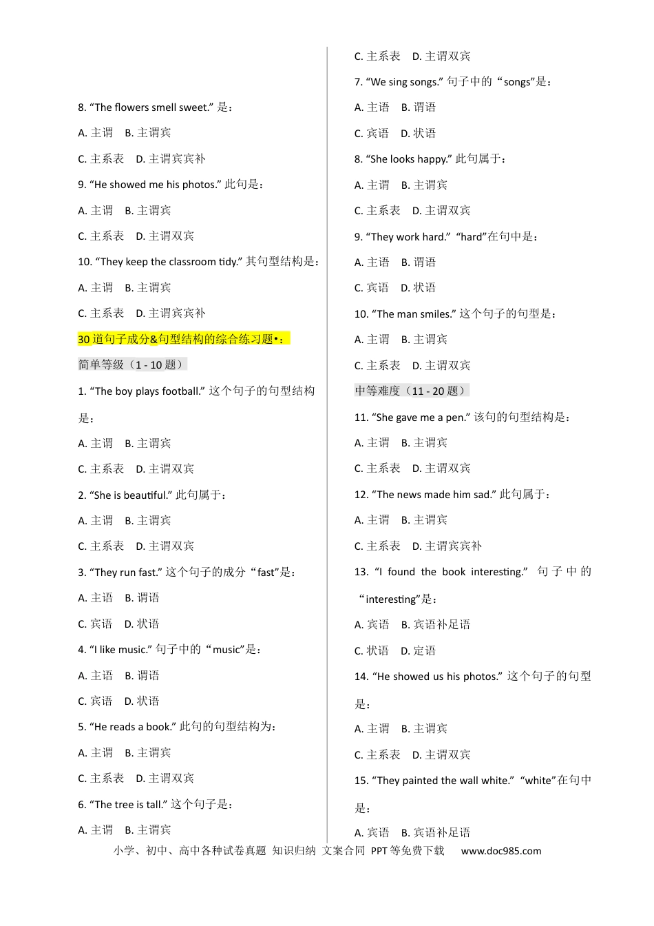 专题 11&12句子成分&句型结构 （全国通用）.docx