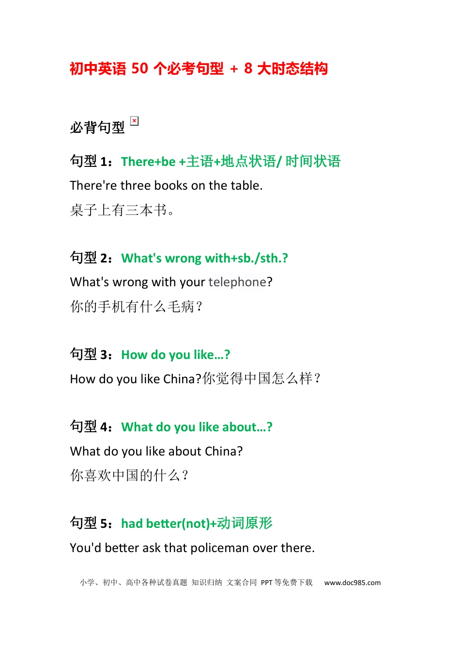 初中英语 50 个必考句型 + 8 大时态结构.docx