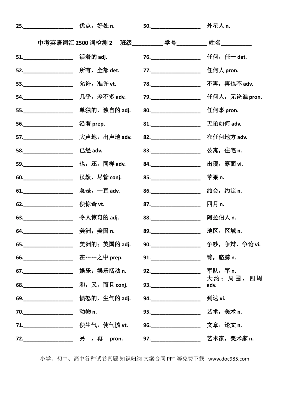 初中英语中考英语2500词汇检测表（英文默写）.doc