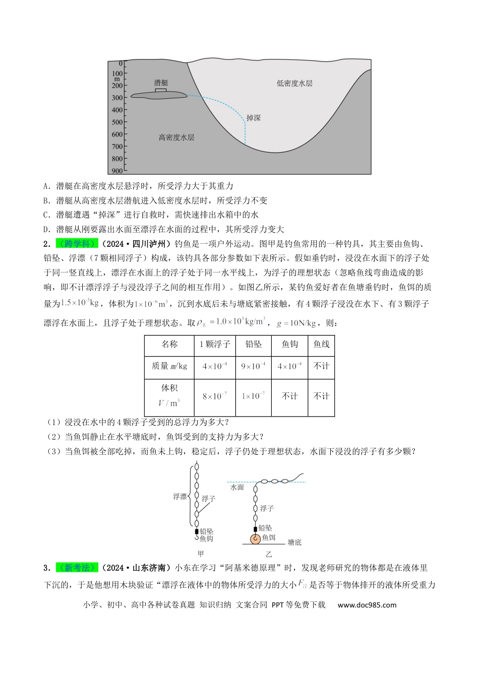 初中物理18大专题专题10  浮力及浮沉条件的应用（（原卷版）.docx