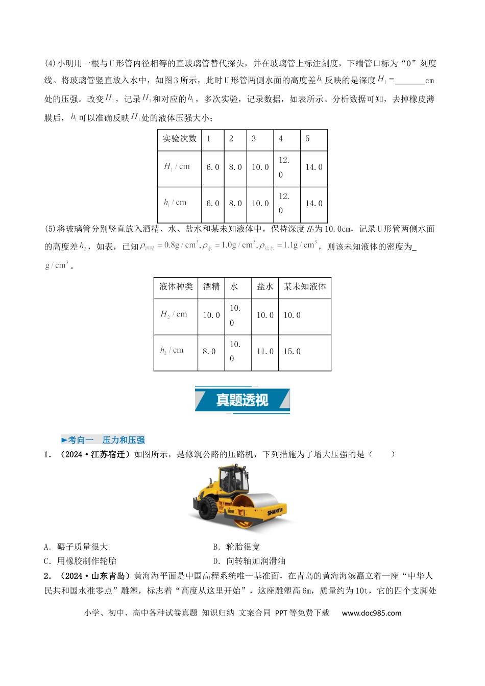 初中物理18大专题专题09 压强（（原卷版）.docx