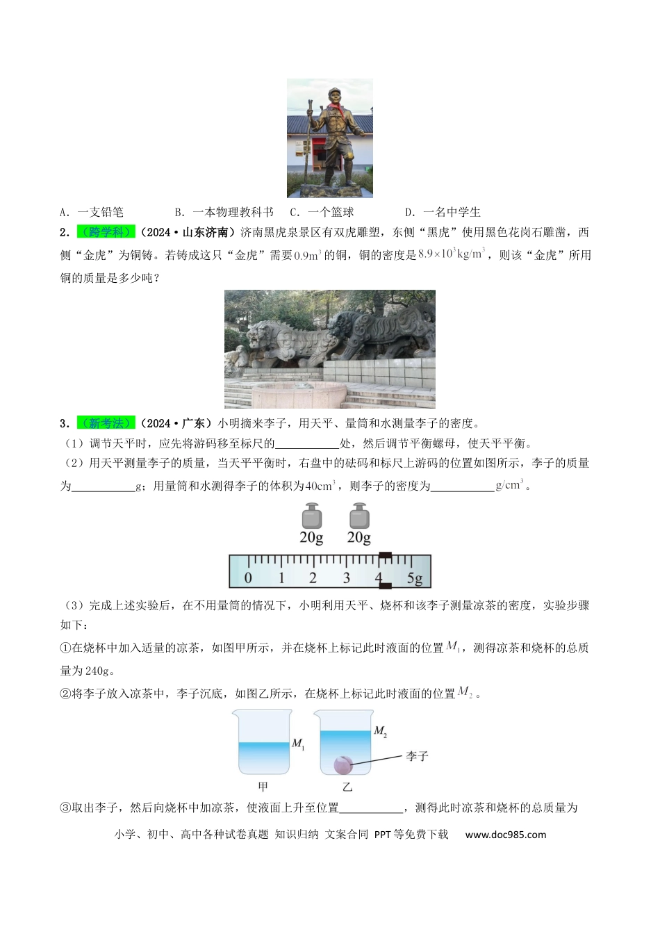 初中物理18大专题专题07 质量与密度（（原卷版）.docx
