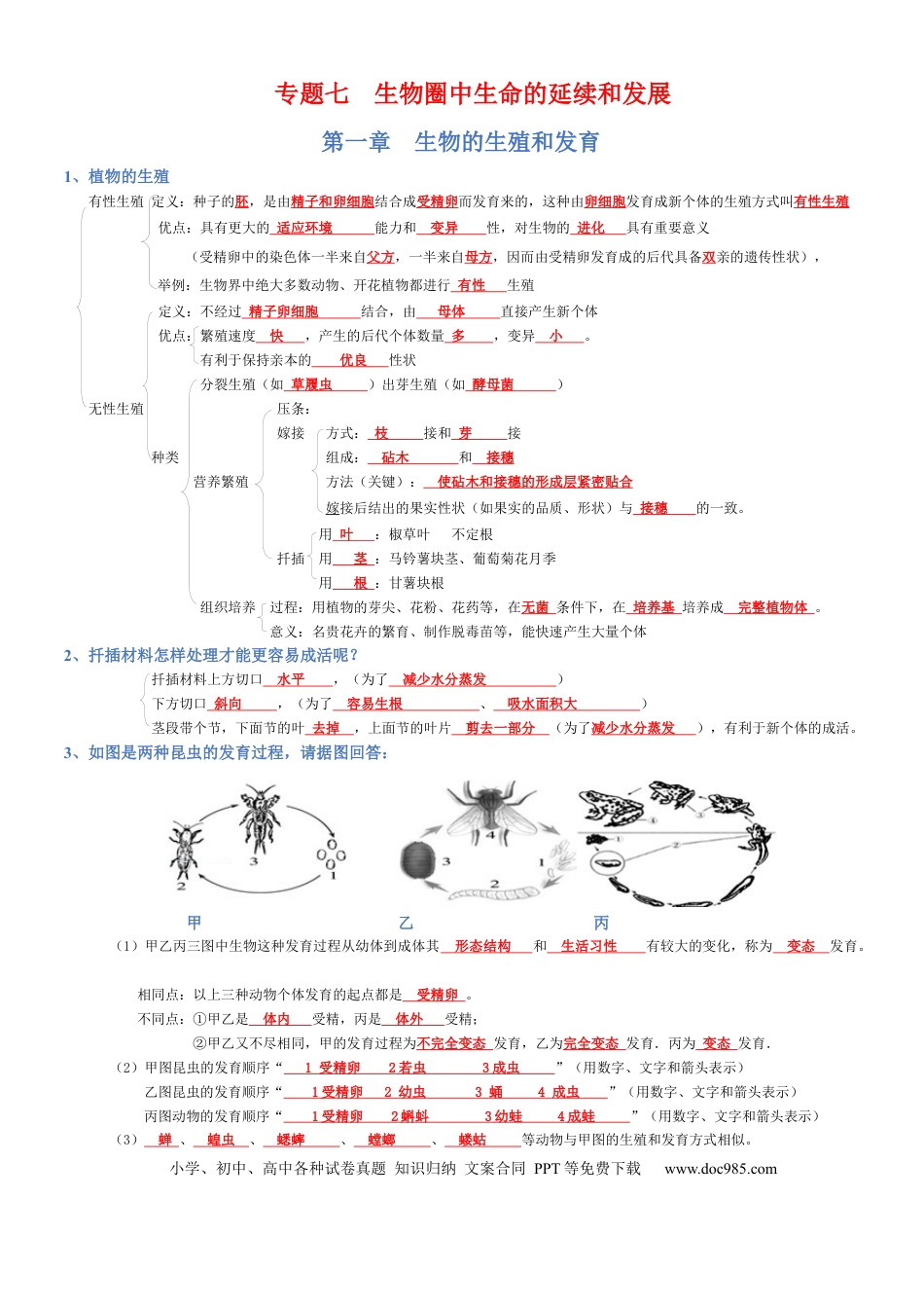 专题07 生物圈中生命的延续和发展（背诵版）.docx