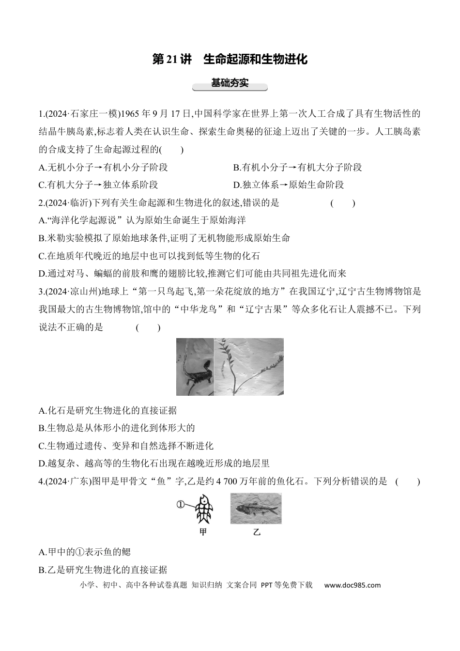 第21讲　生命起源和生物进化  2025年中考生物学专题（含答案）.docx