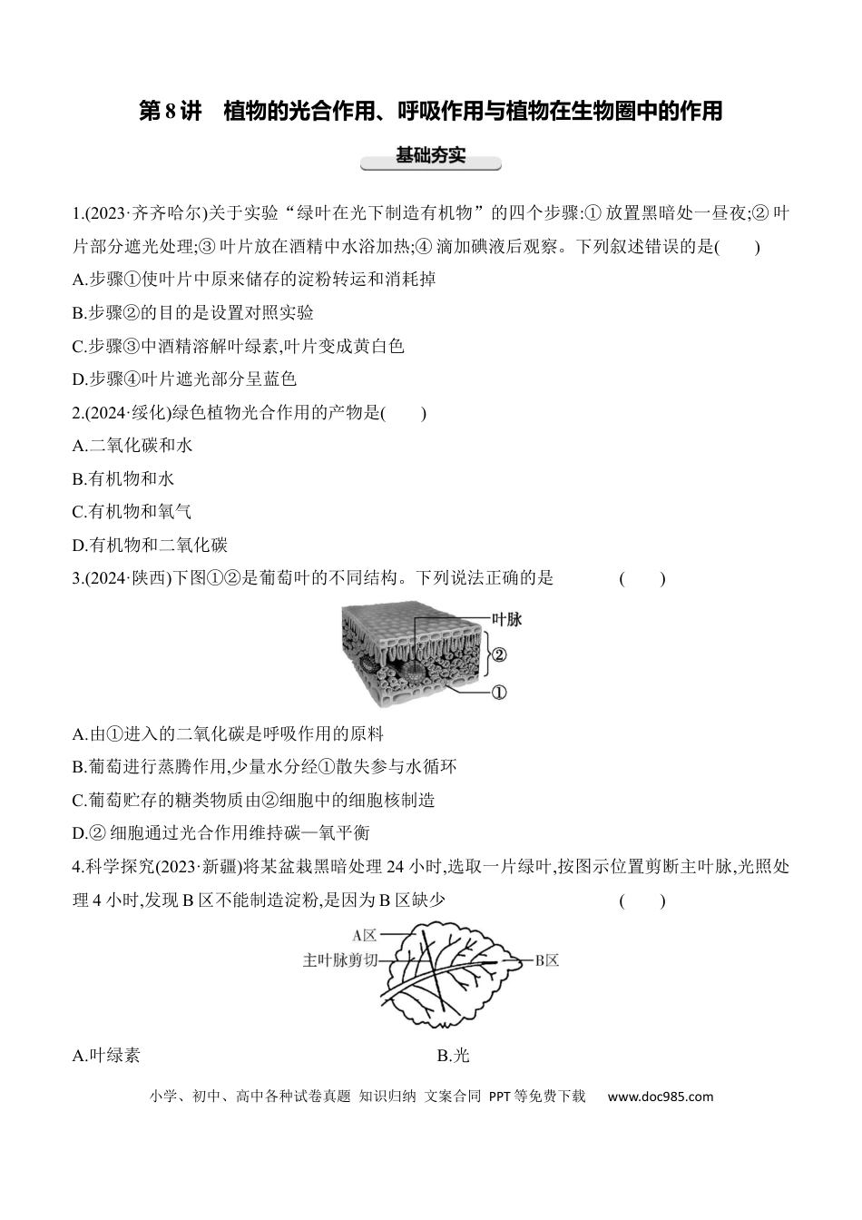 第08讲　植物的光合作用、呼吸作用与植物在生物圈中的作用  （含答案）.docx