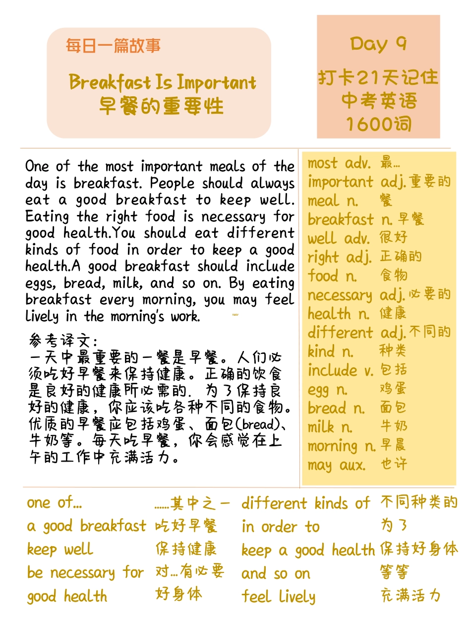 DAY 9 Breakfast Is Important-每天一篇故事，21天搞定中考英语1600词.pdf