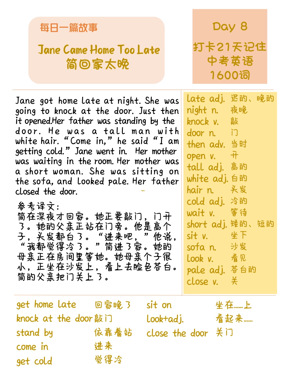 DAY 8 Jane Came Home Too Late-每天一篇故事，21天搞定中考英语1600词.pdf