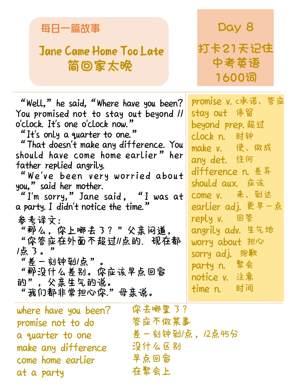 DAY 8 Jane Came Home Too Late-每天一篇故事，21天搞定中考英语1600词.pdf