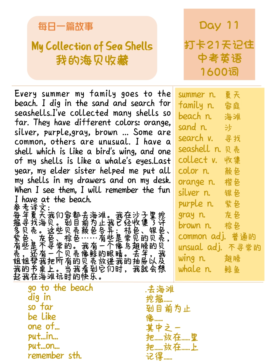 DAY 11 My Collection of Sea Shells-每天一篇故事，21天搞定中考英语1600词.pdf