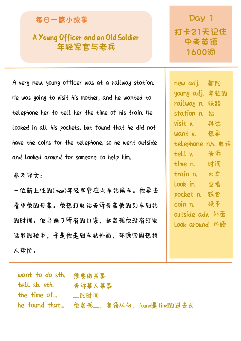 DAY 1 A Young Officer and an Old Soldier-每天一篇故事，21天搞定中考英语1600词.pdf