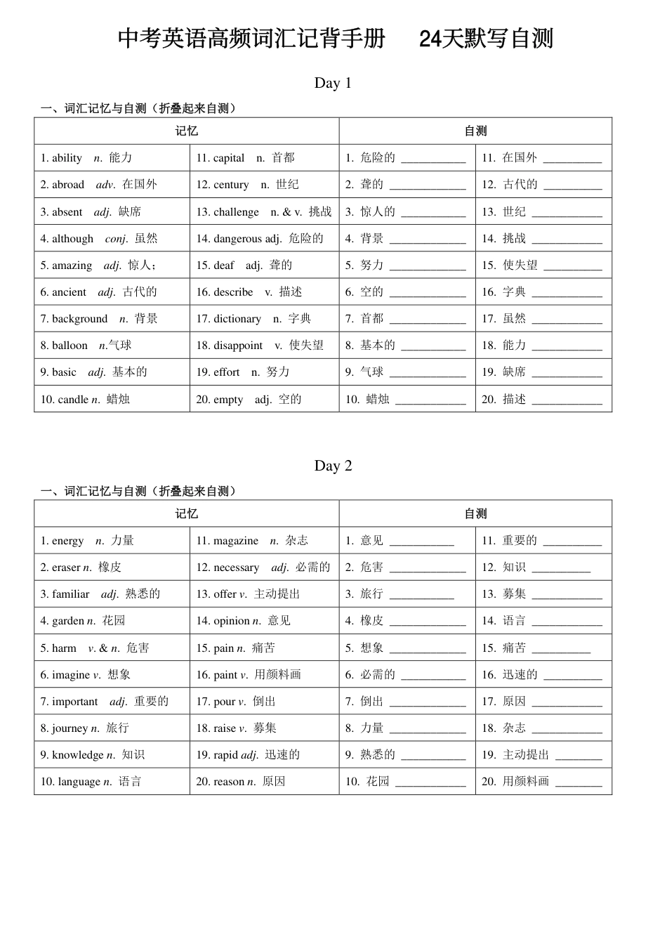 初中英语中考英语高频词汇记背手册   24天默写自测.pdf