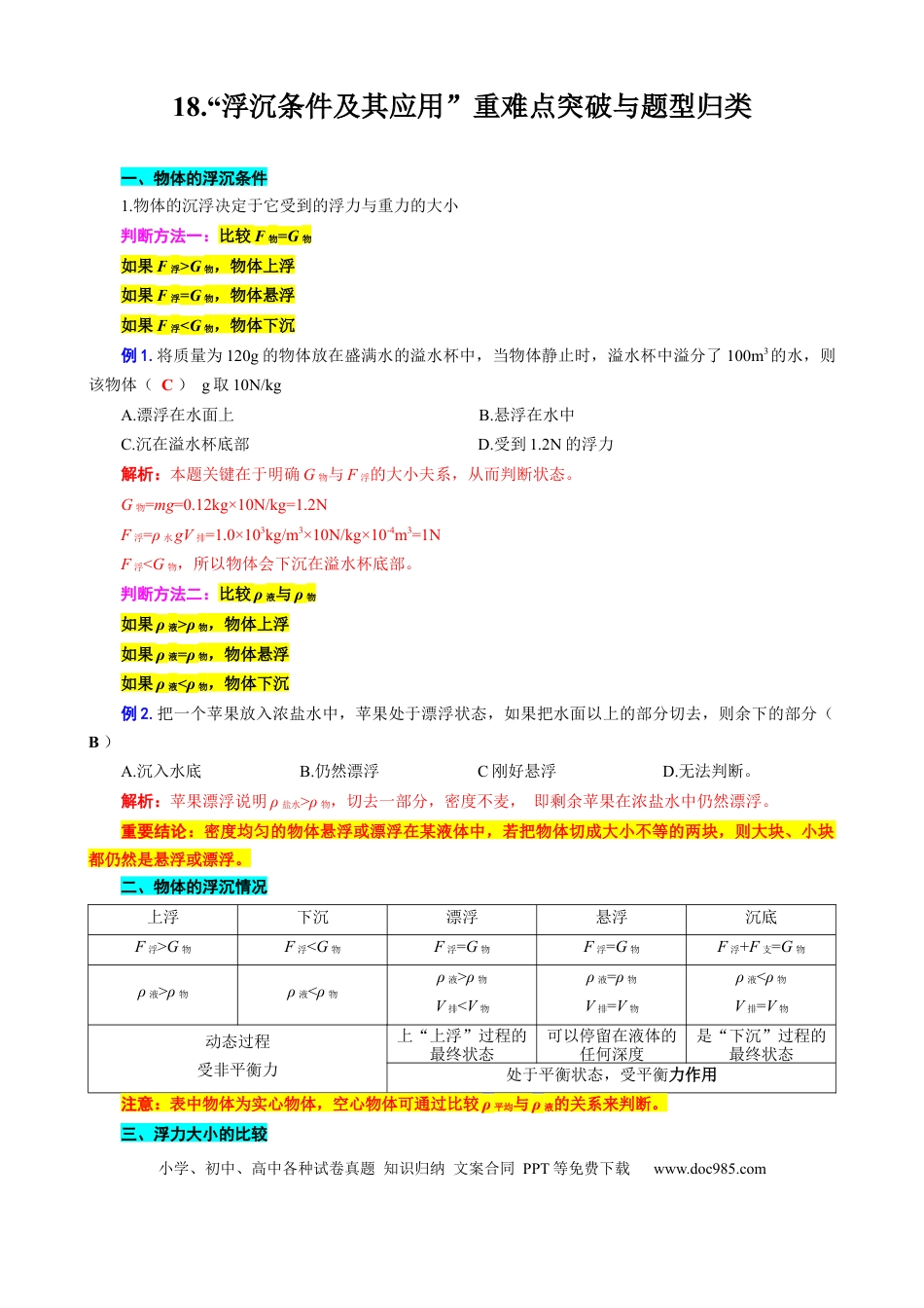 初中物理18.“浮沉条件及其应用”重难点突破与题型归类.docx