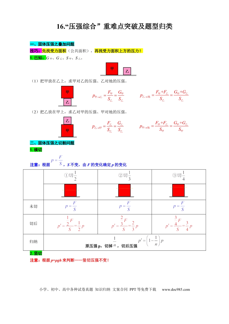 初中物理16.“压强综合”重难点突破及题型归类.docx