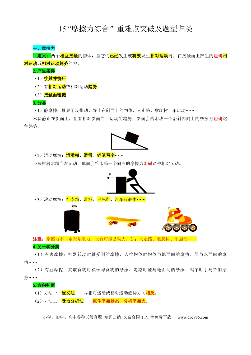 初中物理15.“摩擦力综合”重难点突破及题类归类.docx