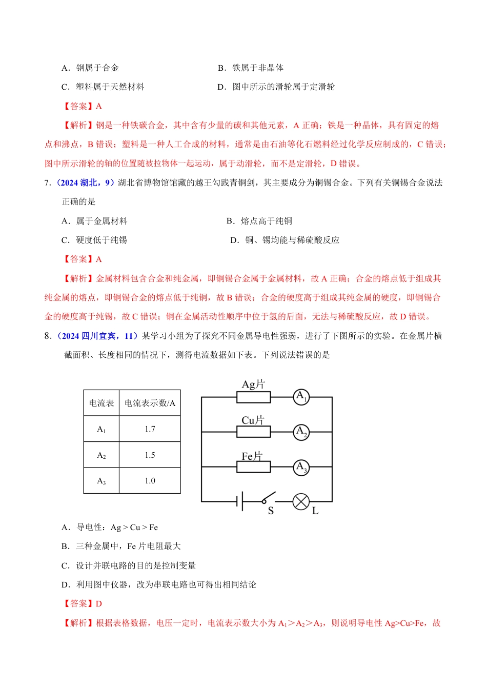 专题11 金属与金属材料（第01期）（教师版） 2024年中考化学真题分类汇编（全国通用）第01期.pdf