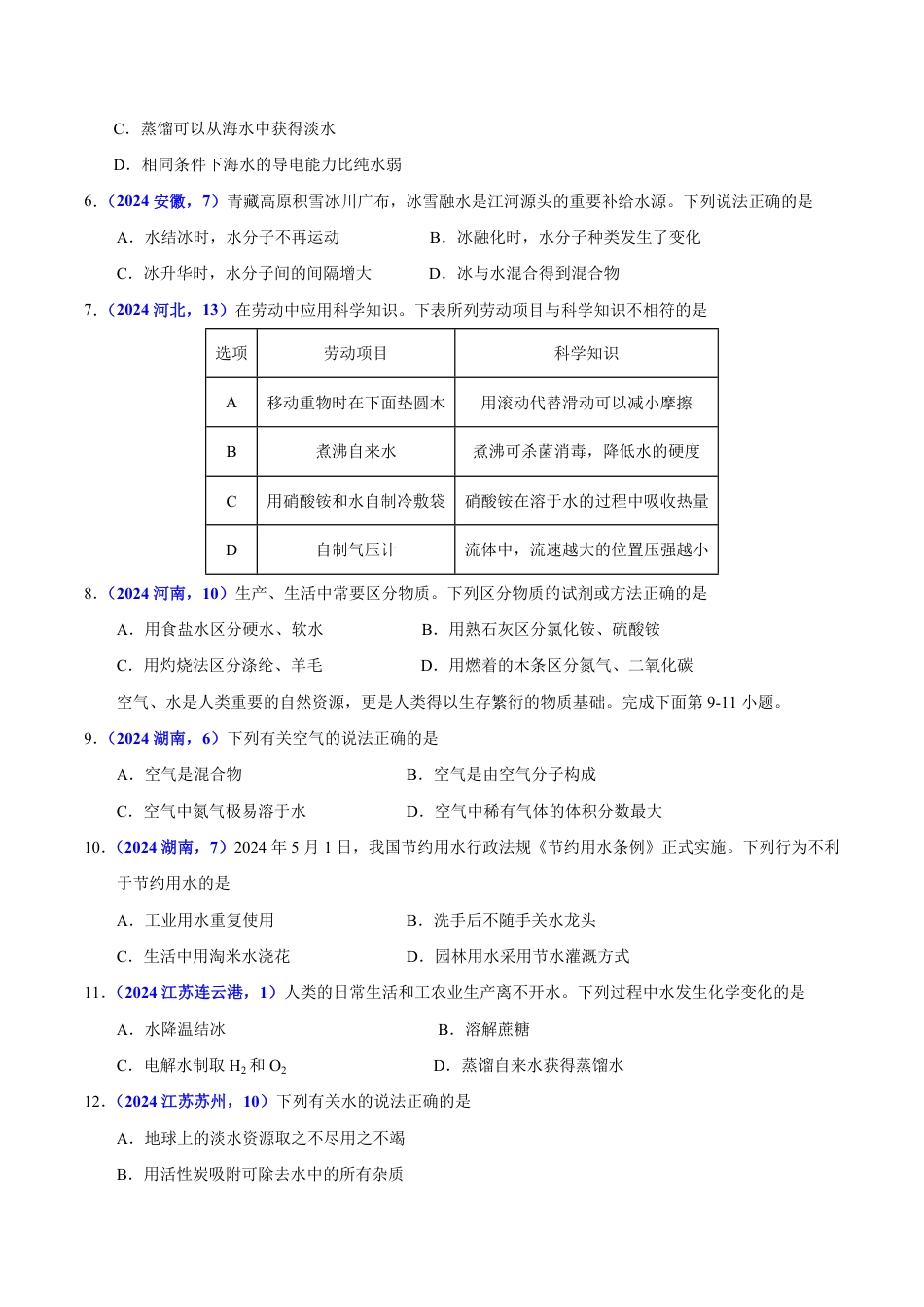 专题06 自然界中的水（第01期）（学生版） 2024年中考化学真题分类汇编（全国通用）第01期.pdf