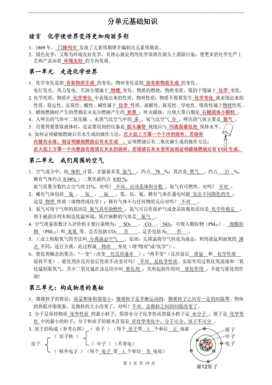 初中化学（全册）分单元基础复习大全（18页全）.pdf
